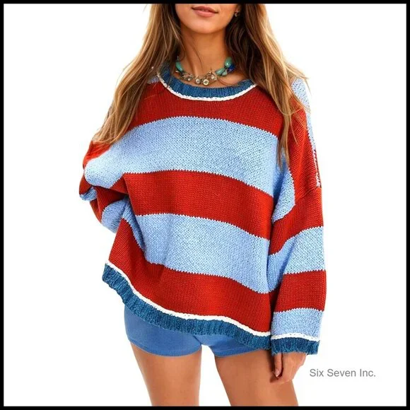 Chunky Knit Striped Sweater Oversized Pullover Casual Y2K Chic Fall Winter - Picture 1 of 7